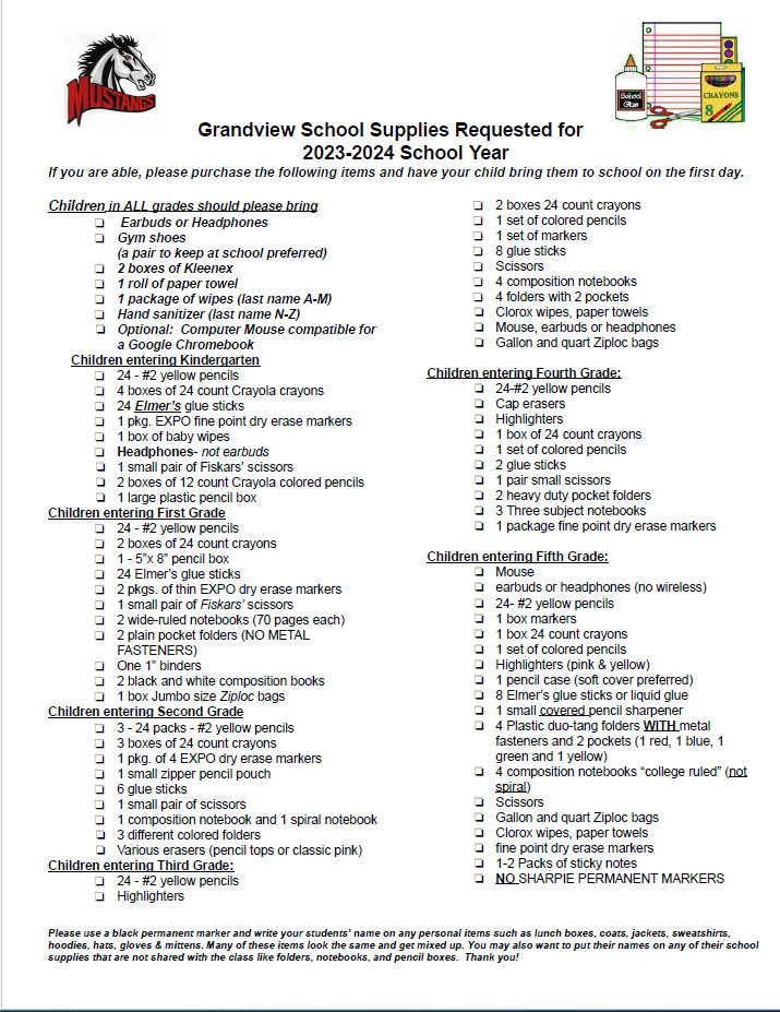 Grandview School Supply List